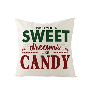 Housse de coussin carrée beige en lin avec texte de Noël, flocons et motifs de canne