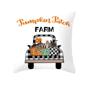 Checkered truck with pumpkins pillow cover with Pumpkin Patch Farm printed on white canvas