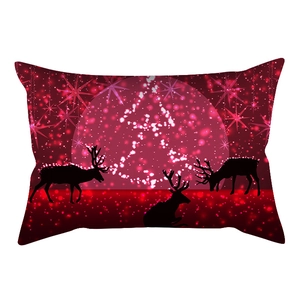 Detailed view of rectangular Christmas pillowcase featuring red fabric and reindeer silhouettes