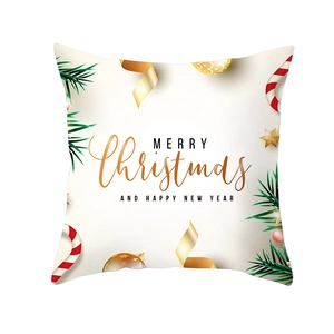 Detail of Christmas pillowcase with Merry Christmas text and festive holiday ornaments