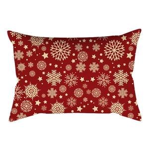 Close-up of red Christmas lumbar pillowcase with golden snowflake and star patterns