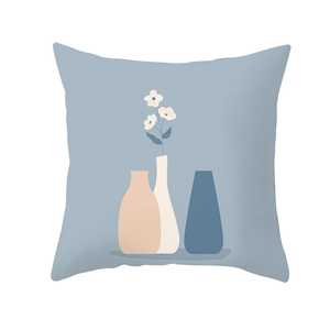 Detail of Nordic minimalist blue pillowcase with floral vase art on smooth fabric