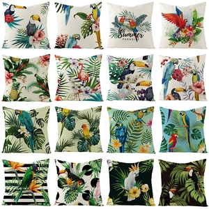Waterproof Tropical Linen Cushion Cover Parrot Flamingo Pattern Summer Paradise Decorative Throw Pillow Case For Outdoor Indoor Home