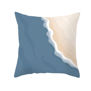 Detailed view of square pillowcase with abstract blue and cream ocean wave pattern
