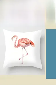 Detail view showing digital printing process on white flamingo pattern pillow cover