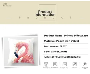 Detail of peach skin fabric pillowcase with flamingo print and 45x45cm dimensions