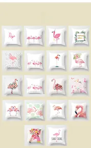 Detailed grid showing eighteen assorted flamingo and tropical leaf pattern cushion covers