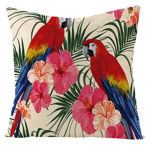 Detailed texture of waterproof linen pillowcase with tropical macaws and floral pattern