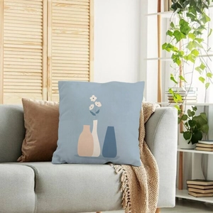 Nordic minimalist decorative pillow cover with artistic vase print on a grey sofa