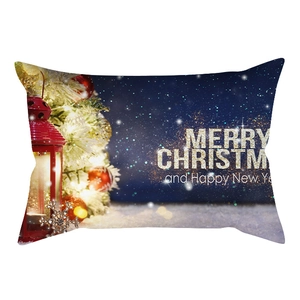 Detail of Christmas lumbar pillowcase with vintage lantern and festive tree print