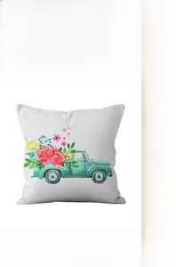 Detail of digital print abstract floral vintage truck on white cushion cover