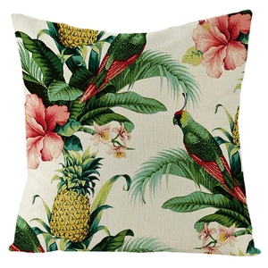 Waterproof tropical cushion cover featuring parrot, pineapple and palm leaf prints