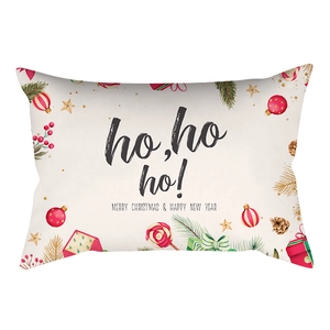 Detail of Ho Ho Ho Christmas lumbar pillow case with festive pine and berry print