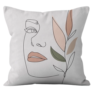 Minimalist Nordic abstract line art cushion cover with female face and leaf pattern