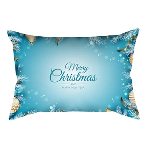 Macro detail of Christmas lumbar pillow cover featuring ice blue gradient and festive ornaments