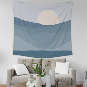 Detail view of a Nordic abstract landscape tapestry with blue mountains in a modern home decor