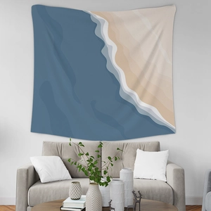 Abstract beach scene tapestry with blue ocean and beige sand for wall decor