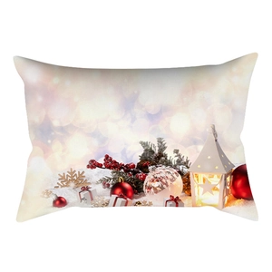 Christmas rectangular lumbar pillow cover featuring white lantern and red ornaments on white