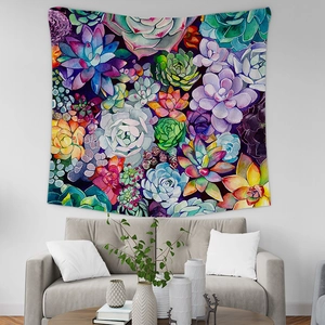Close-up of a watercolor succulent wall tapestry in a cozy living room setting