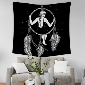 Artistic monochrome tapestry featuring a girl in a dreamcatcher on a white wall