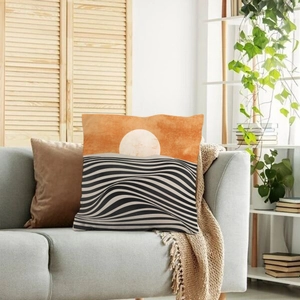 Modern abstract geometric linen throw pillow cover with orange sun and wave pattern design