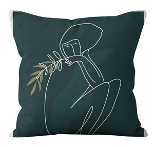 Close-up of modern abstract line art on a dark green minimalist geometric cushion cover