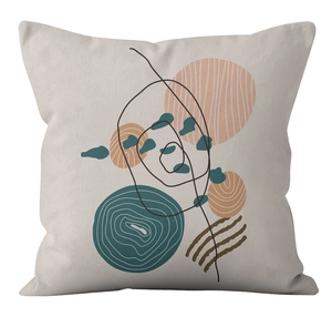 Detailed macro view of modern abstract geometric patterns on a beige canvas cushion cover