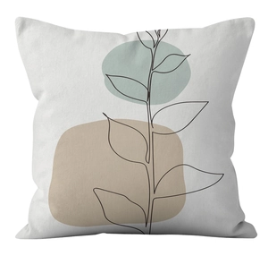 Detail of minimalist abstract cushion cover showing botanical lines and geometric color blocks