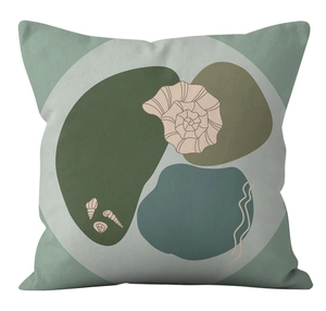 Detail of modern abstract pillowcase showing gray-green canvas texture and geometric pattern