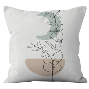 Modern minimalist abstract geometric pillow cover with Nordic botanical line art on white canvas