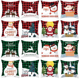 Christmas Buffalo Plaid Pillowcase Red Green Black Checked Cushion Cover Santa Reindeer Snowman Decor For Home Party
