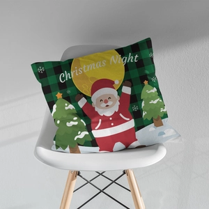 Detail of Christmas Night cushion cover with Santa Claus on green buffalo plaid chair