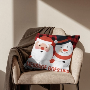 Detail of custom Christmas pillowcase with red buffalo plaid and snowman design