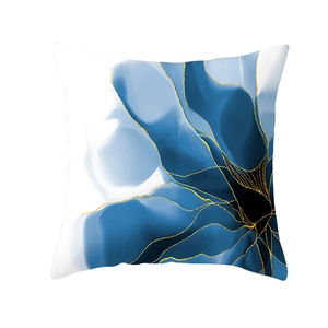 Blue ink marble abstract cushion cover with golden lines in minimalist artistic style