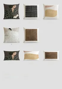 Artistic cushion covers set with retro portraits and abstract geometric patterns