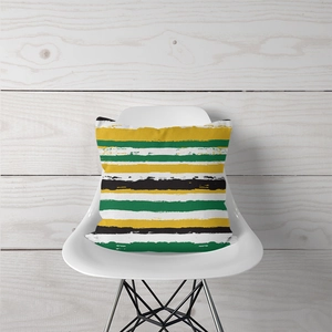 Artistic daisy theme square pillow case with colorful brush stroke stripes on a white chair