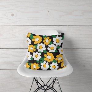 Floral daisy throw pillow cover with yellow and white flowers on black background for sofa decor