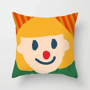 Detail of square cushion cover with cute cartoon character in soft peach skin fabric