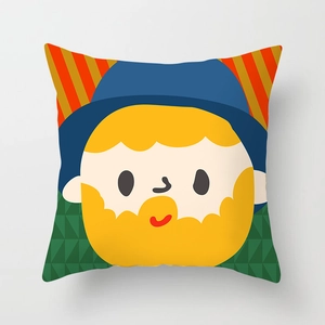 Square peach skin pillowcase with cute cartoon man illustration and vibrant patterns