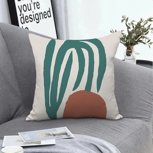 Nordic abstract velvet pillow cover with green lines and red semi-circle on a sofa