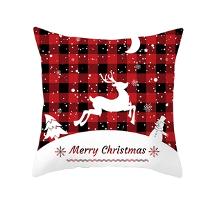 Red buffalo plaid Christmas pillowcase featuring deer, snowman and Merry Christmas text