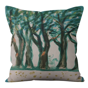 Detail shot of Nordic forest watercolor art print on soft short plush throw pillow cover