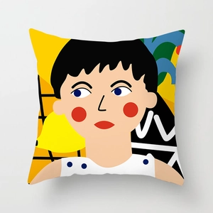 Close-up of peach skin throw pillow featuring a colorful cartoon portrait illustration