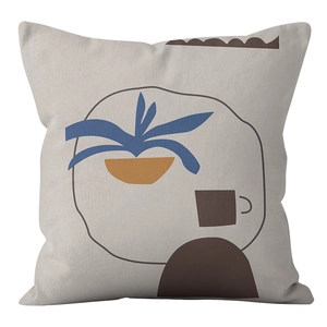 Close-up of modern abstract printed pillowcase with botanical and geometric patterns