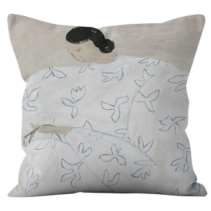 Minimalist abstract art pillow case featuring a blue floral portrait illustration