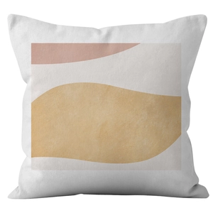 Abstract geometric square pillowcase with pink and brown wave patterns on white canvas