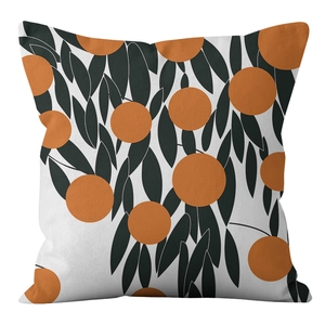 Detail of Nordic cushion cover featuring modern orange geometric floral and leaf patterns