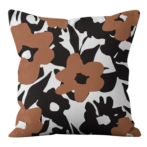 Detailed view of Nordic abstract floral pillow cover fabric with brown and black patterns