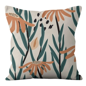 Detail showing Nordic abstract floral print on soft short plush cushion cover fabric