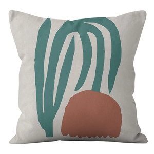 Detailed view of Nordic minimalist pillow cover with abstract green leaf and clay circle